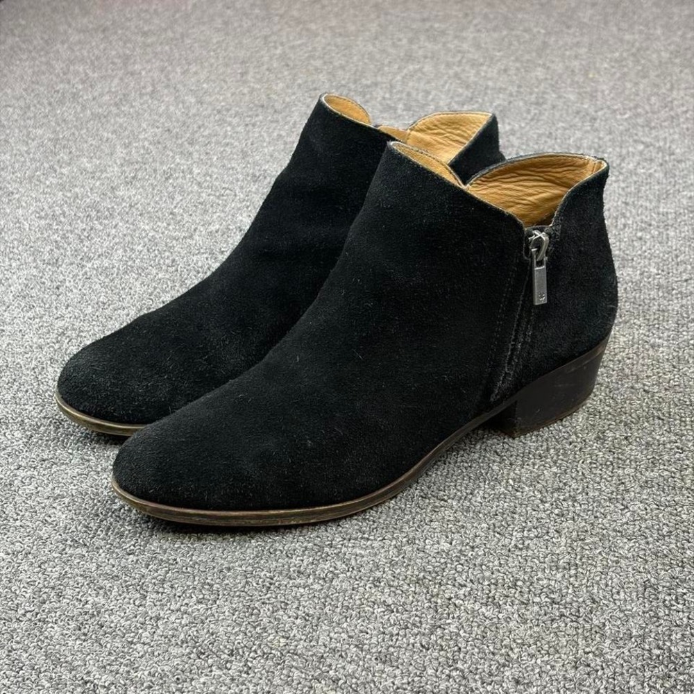 Women's Black Suede Leather Heel Pull On Side Zip Booties Boots Size 9 M